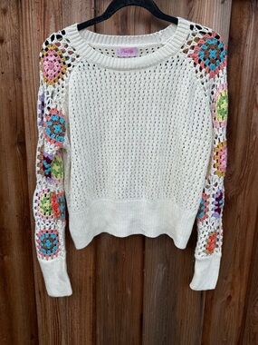 Pink Lily Cream Crochet-Sleeve Open Knit Sweater